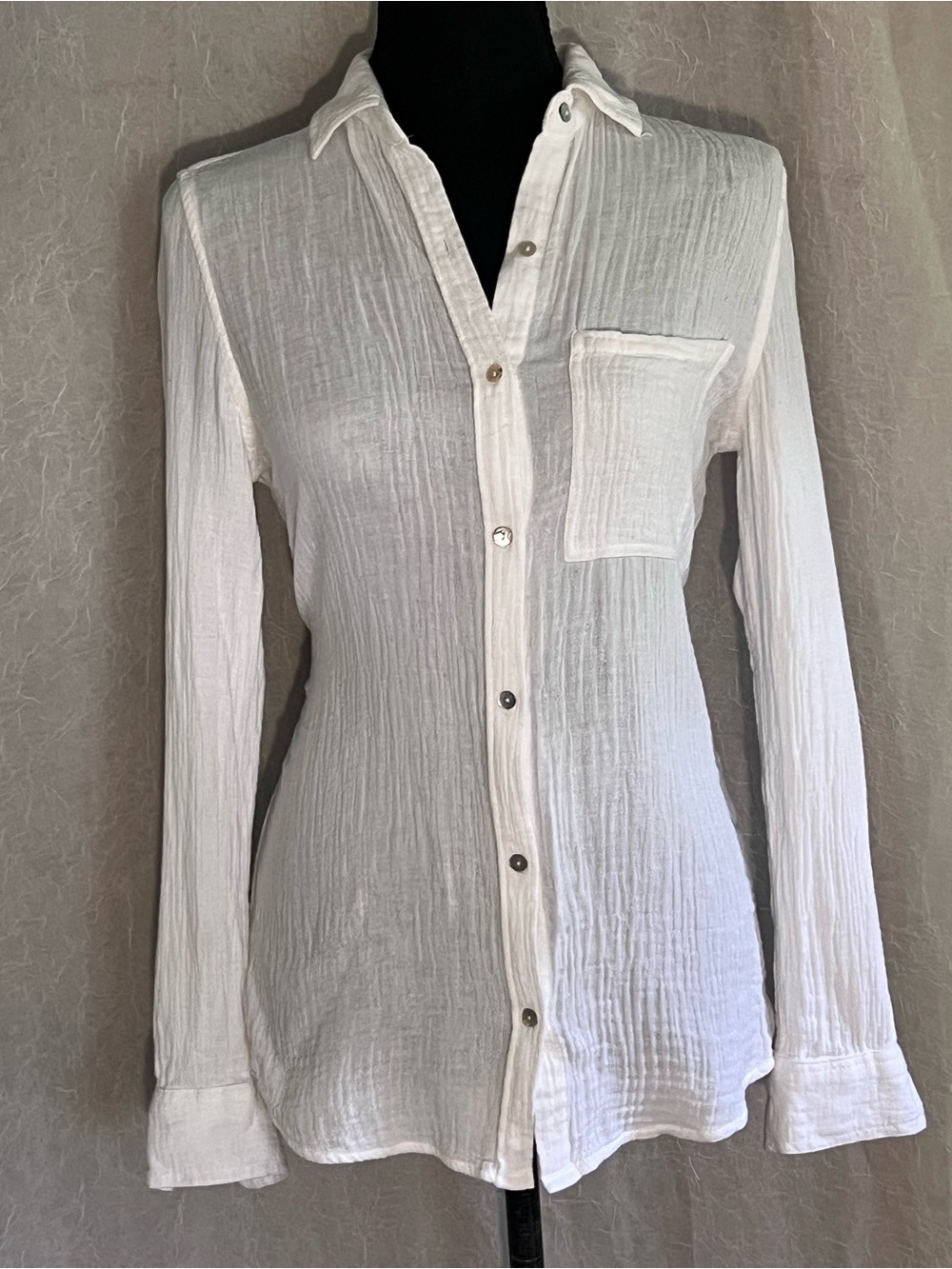 Lola River white textured button down top with seashell buttons